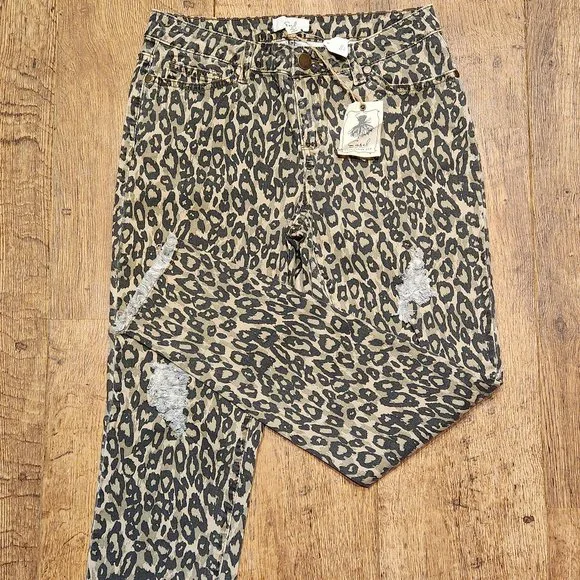EASEL Brown Animal Print Skinny Distressed Jeans - Large - NWT NEW - Picture 2 of 5